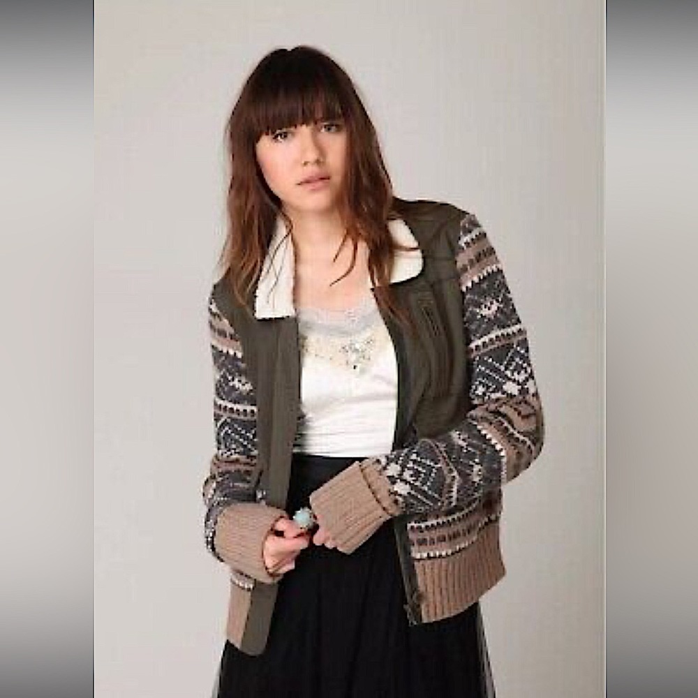 We The Free Green Brown Lambswool & Cotton Fair Isle Zip Up Sweater Jacket